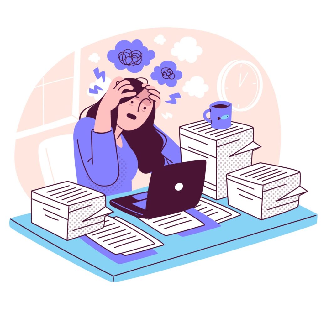 Illustration of a girl being stressed due to the workoad.