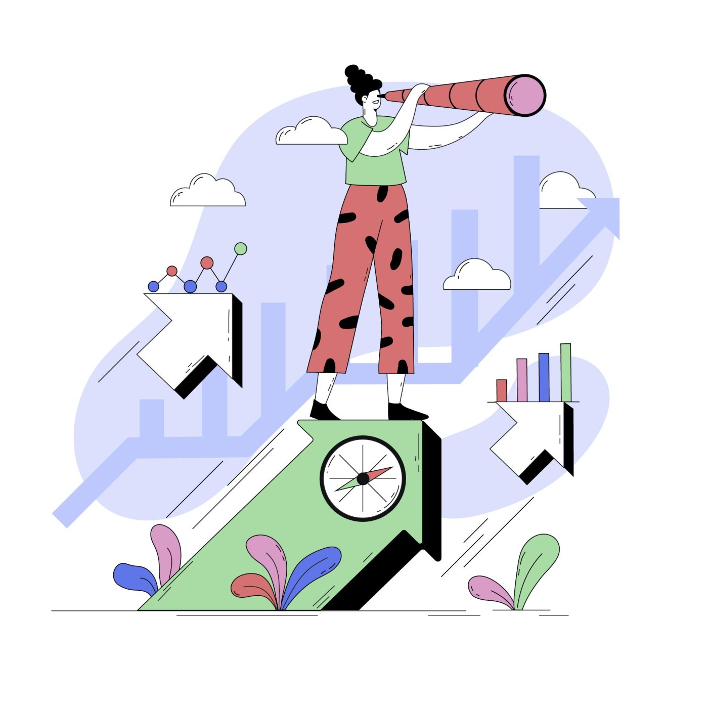 Illustration of a girl looking at her future with a telescope on top of the rising arrow with a compass.